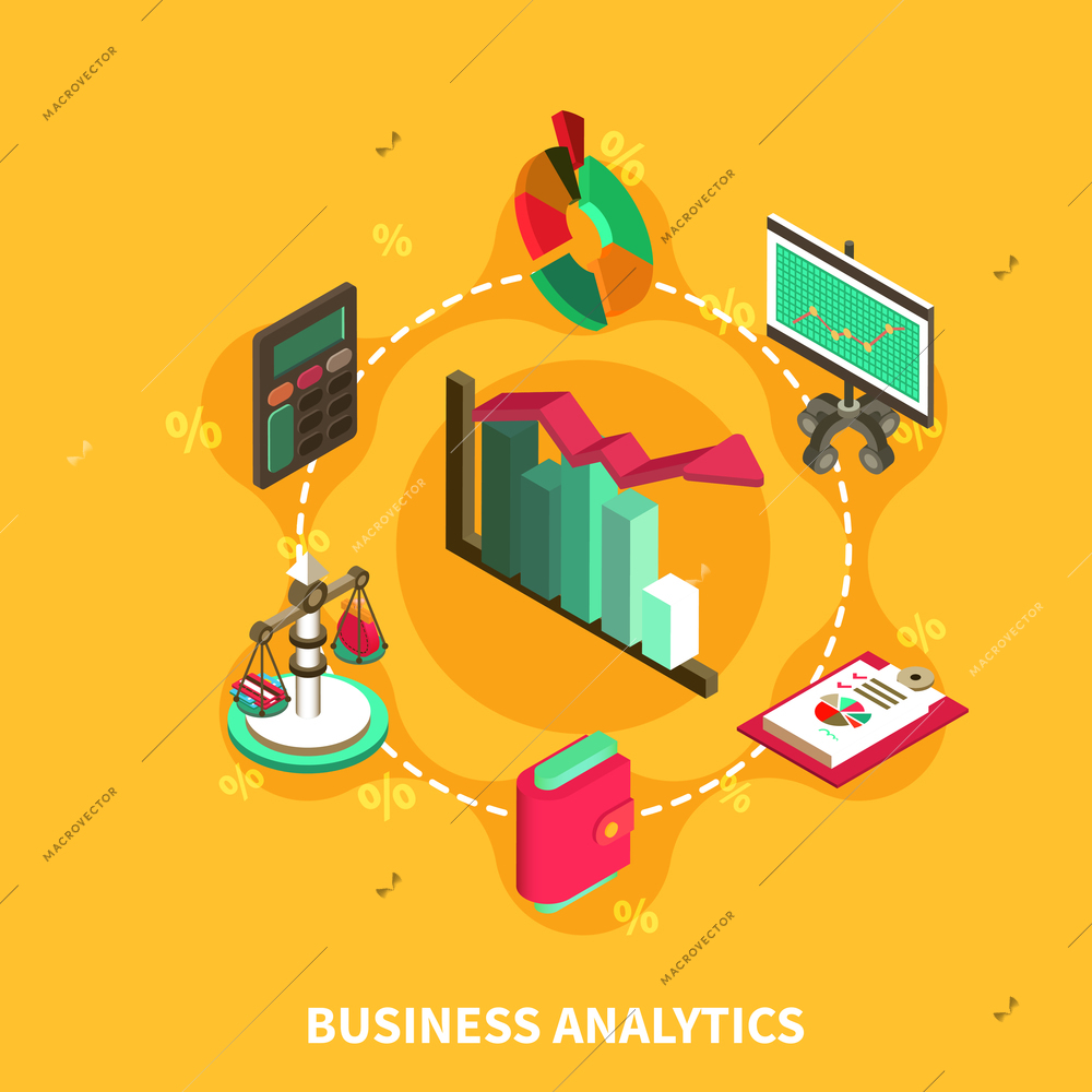 Business analytics financial isometric icons with percentage diagram scales calculator computer symbols vector illustration