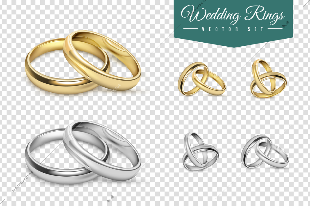 Wedding rings set of gold and silver metal on transparent background isolated vector illustration