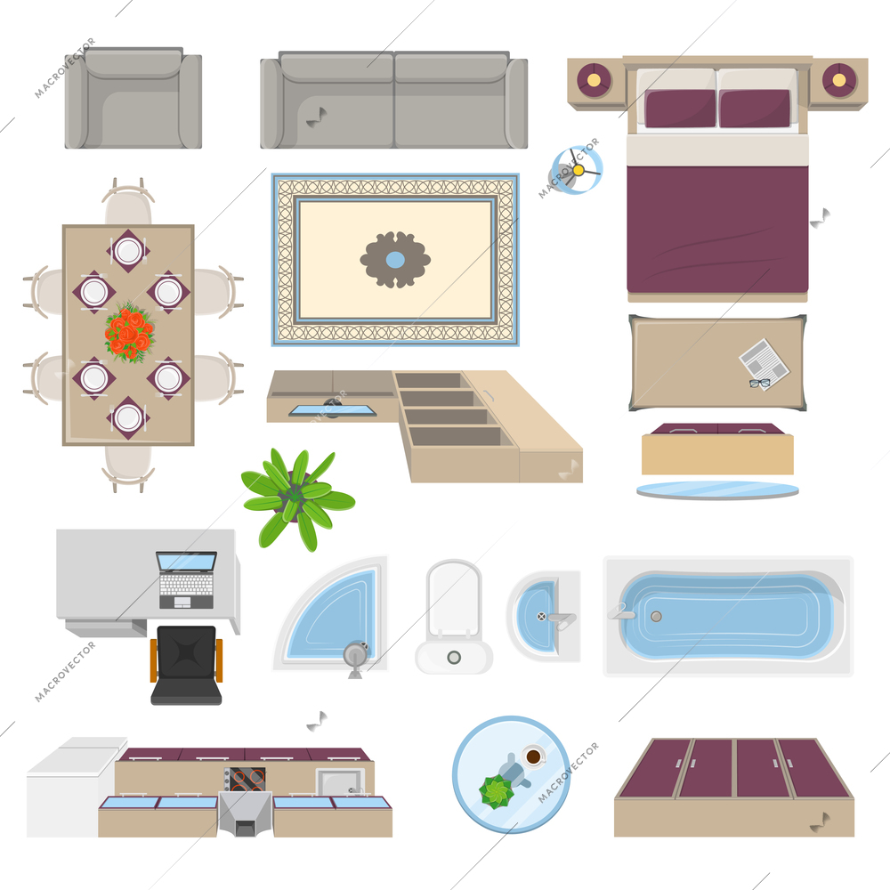 Interior elements top view position with kitchen lounge bathroom bedroom furniture isolated vector illustration