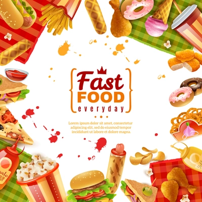 Fast food template with different colorful tasty unhealthy meals on white background vector illustration