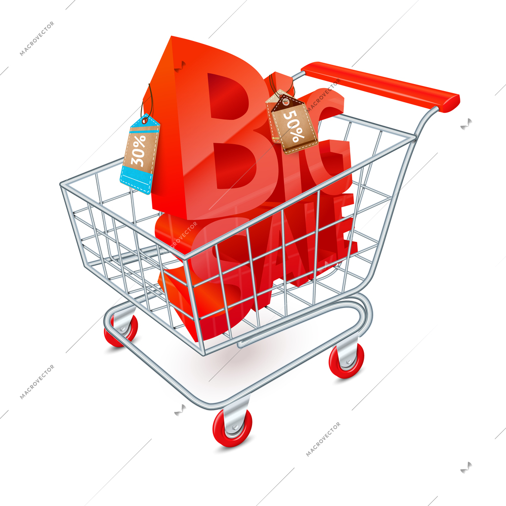 Supermarket shopping cart 3d with big sale red letters inside vector illustration