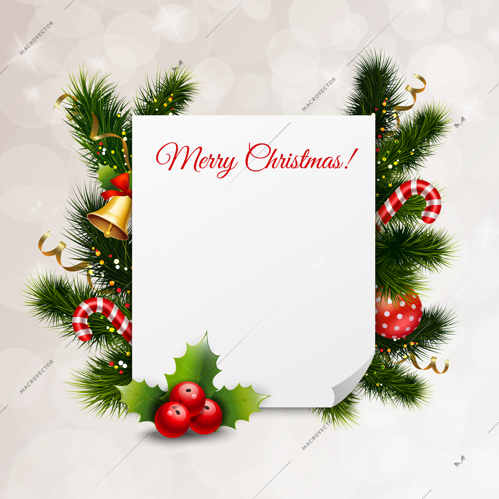 Merry Christmas festive background with greeting card fir twigs jingle bells candies balls ribbons thorn vector illustration