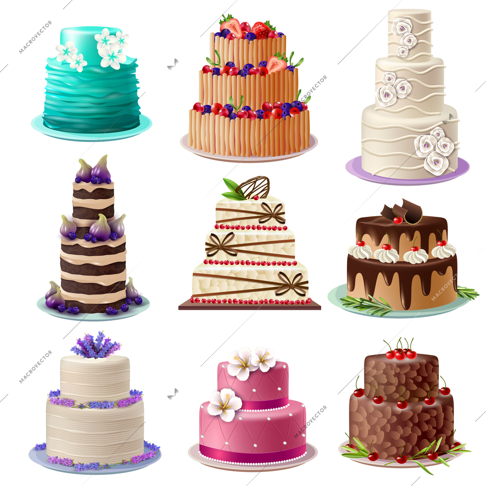 Sweet baked cakes set with colorful different decorated confectioneries and desserts isolated vector illustration