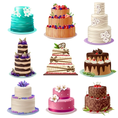 Sweet baked cakes set with colorful different decorated confectioneries and desserts isolated vector illustration