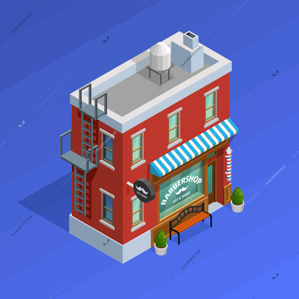 Barbershop building isometric concept with moustache on blue background vector illustration