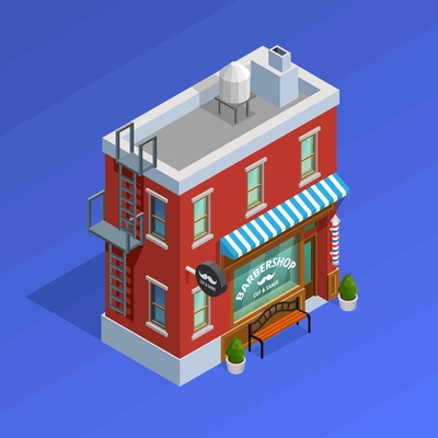 Barbershop building isometric concept with moustache on blue background vector illustration