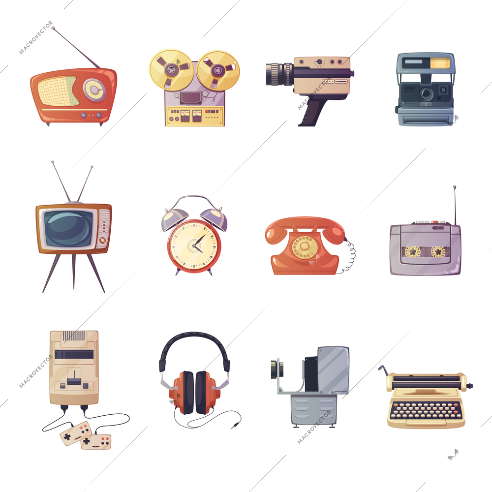 Retro media gadgets cartoon set of colorful entertainment technologic devices isolated vector illustration