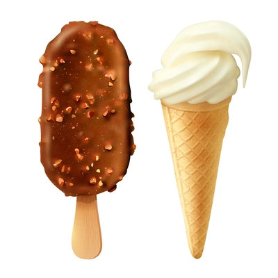 Vanilla flavored cone and coated with chocolate ice cream bar set realistic dessert snack food vector illustration