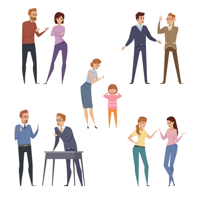 Quarrel icons collection with arguing people in different situations in flat style isolated vector illustration