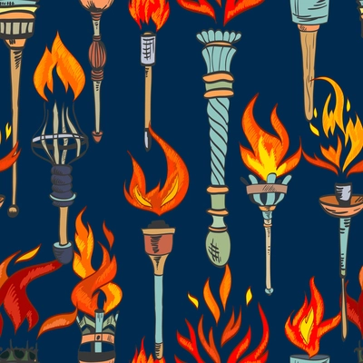 Fire glowing flame retro torches seamless pattern vector illustration