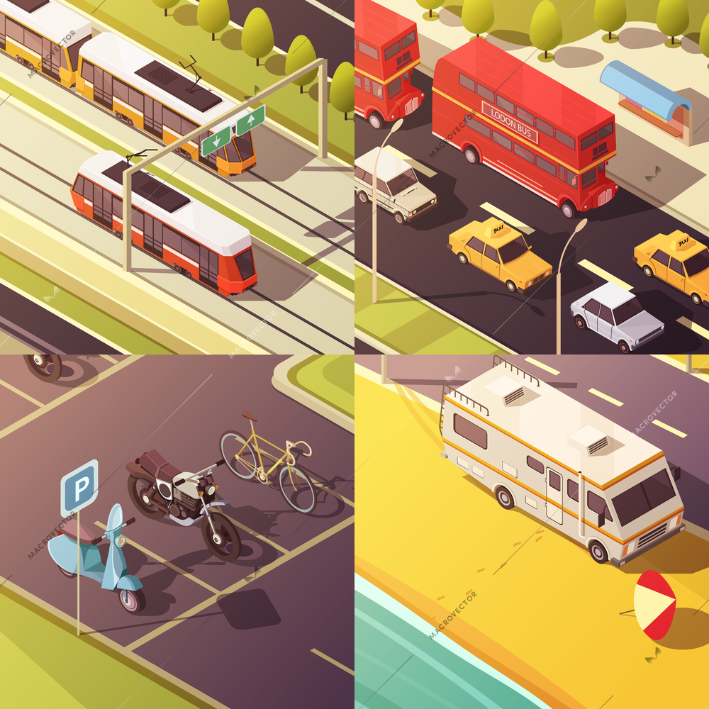 Transport concept icons set with cars and vans isometric isolated vector illustration