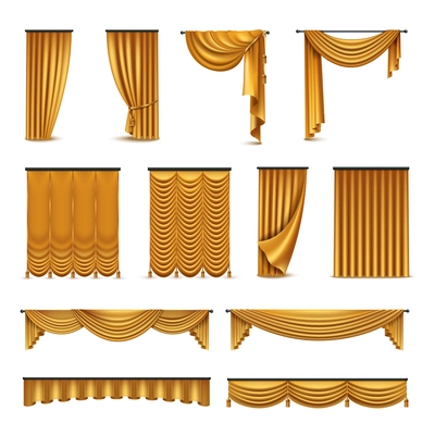 Golden silk velvet luxury curtains and draperies interior decoration design ideas realistic icons collection isolated vector illustration