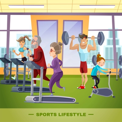 Sports family flat template with father mother grandfather grandmother and child in gym vector illustration