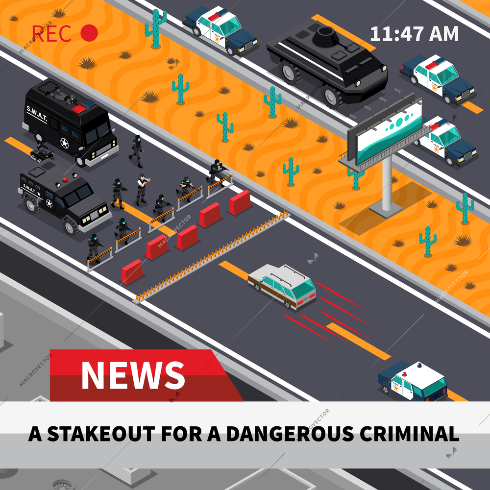 Swat special weapon and tactics unit confrontation with dangerous criminals tv news isometric composition screenshot vector illustration