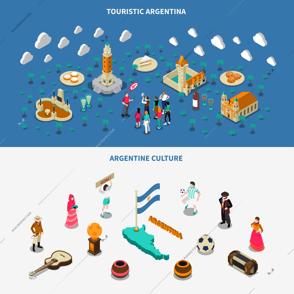 Argentina culture and attractions for travelers 2 isometric banners set with historic obelisk monument isolated vector illustration