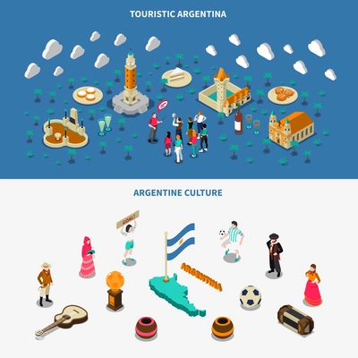 Argentina culture and attractions for travelers 2 isometric banners set with historic obelisk monument isolated vector illustration