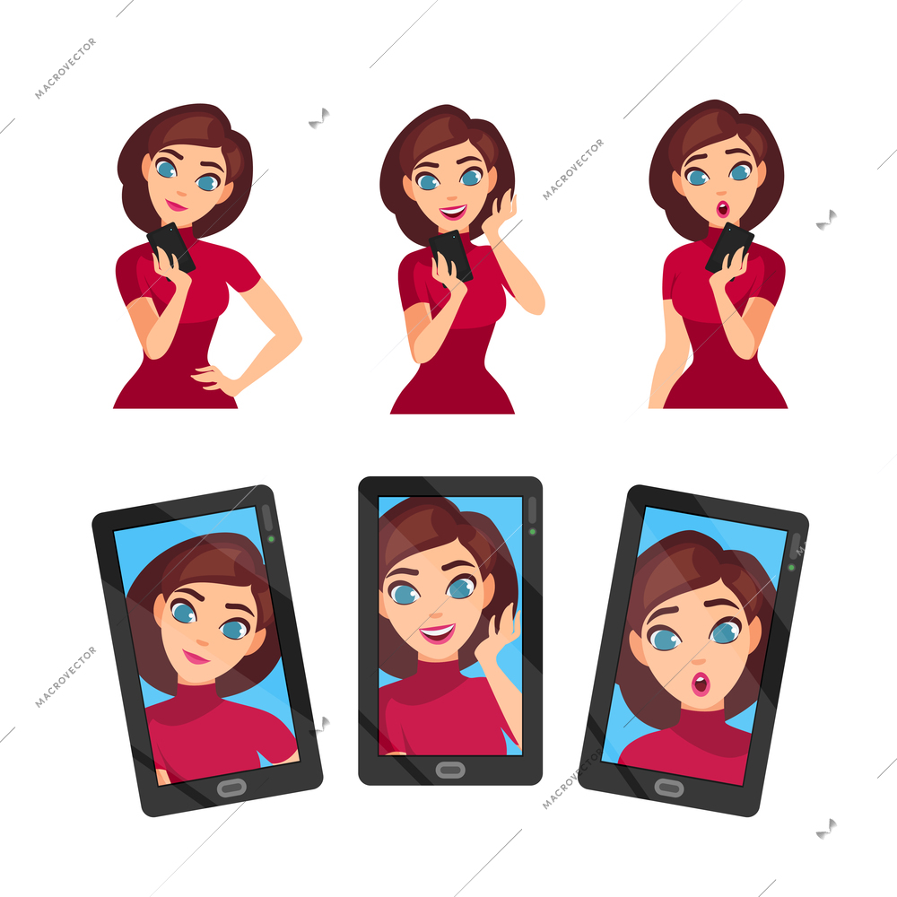 Selfie photo template with young girl different emotions poses and smartphone on white background isolated vector illustration