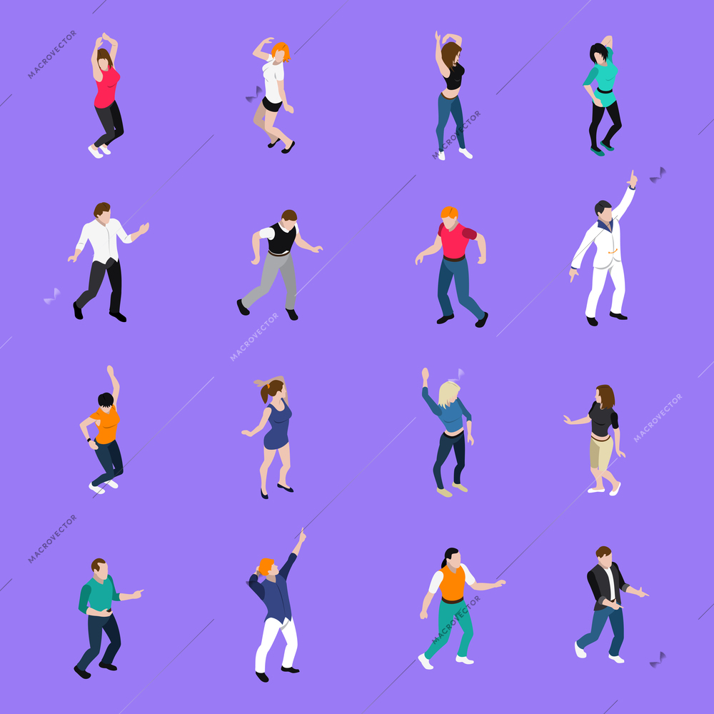 Moving to the beat in dance club people   isometric icons collection with purple background isolated vector illustration