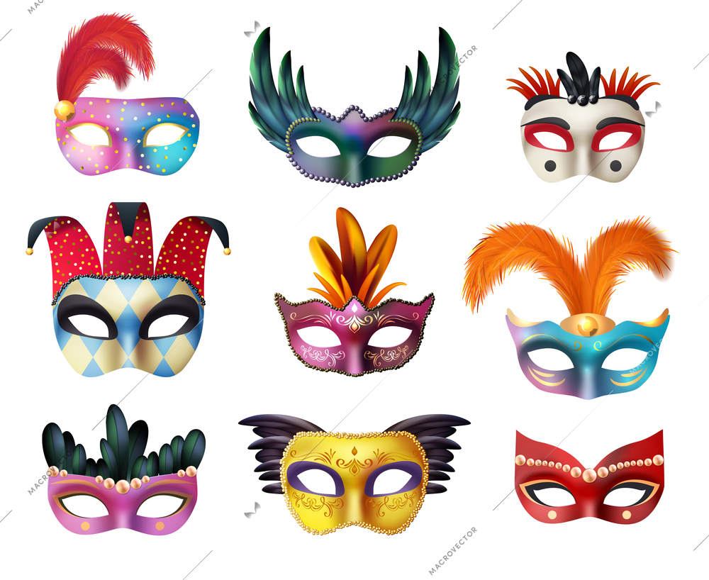 Authentic handmade venetian painted carnival face masks collection for party decoration or masquerade realistic isolated vector illustration