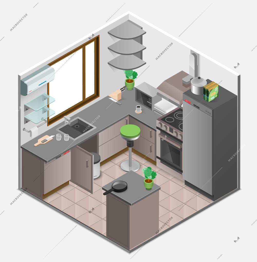 Kitchen interior isometric concept with furniture devices and utensils in flat style isolated vector illustration