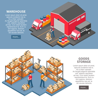 Logistics and delivery two horizontal banners with  warehouse and goods storage isometric compositions flat vector illustration