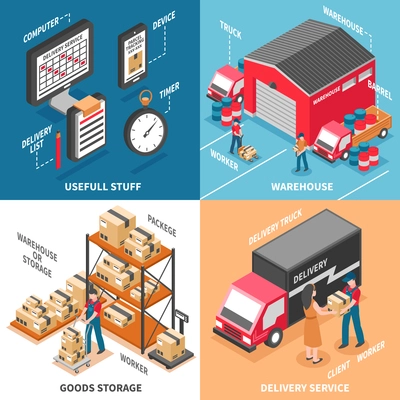 Logistics 2x2 design concept with workers engaged in loading delivery truck  and goods storage isometric icons vector illustration