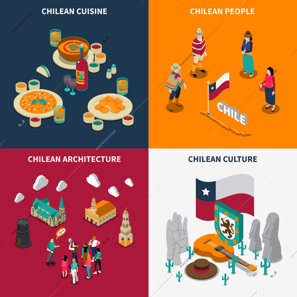 Chili attractions for tourists 4 isometric icons square poster with national culture cuisine and landmarks isolated vector illustration