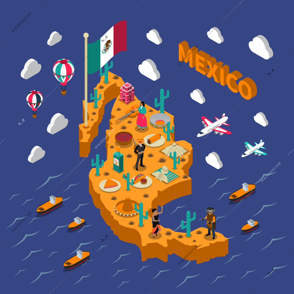 Mexican attractions for tourists and travelers isometric map poster with national food flag cactus sombrero vector illustration