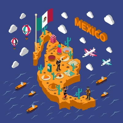 Mexican attractions for tourists and travelers isometric map poster with national food flag cactus sombrero vector illustration