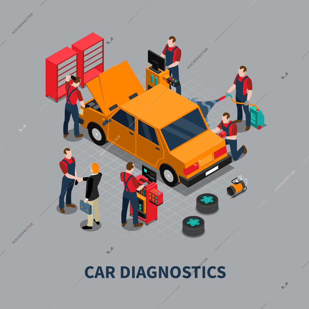 Auto service car diagnostics and repair center mechanics testing vehicle isometric composition gray background poster vector illustration