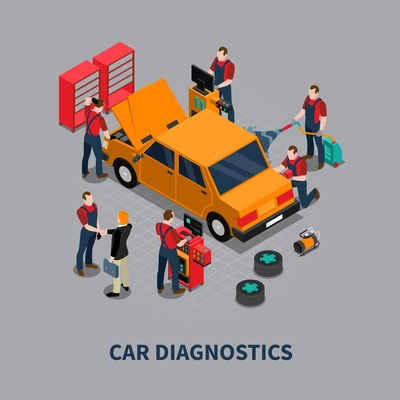 Auto service car diagnostics and repair center mechanics testing vehicle isometric composition gray background poster vector illustration