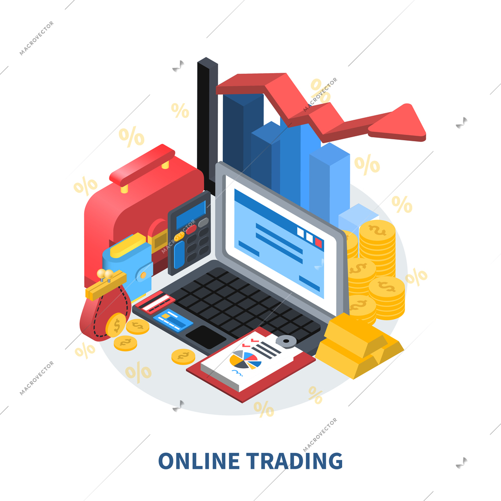 Online trading financial isometric icons composition with diagram arrow columns credit card gold coins money wallet suitcase vector illustration