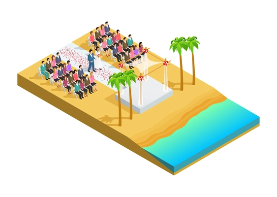 Wedding ceremony on a beach side isometric composition vector illustration