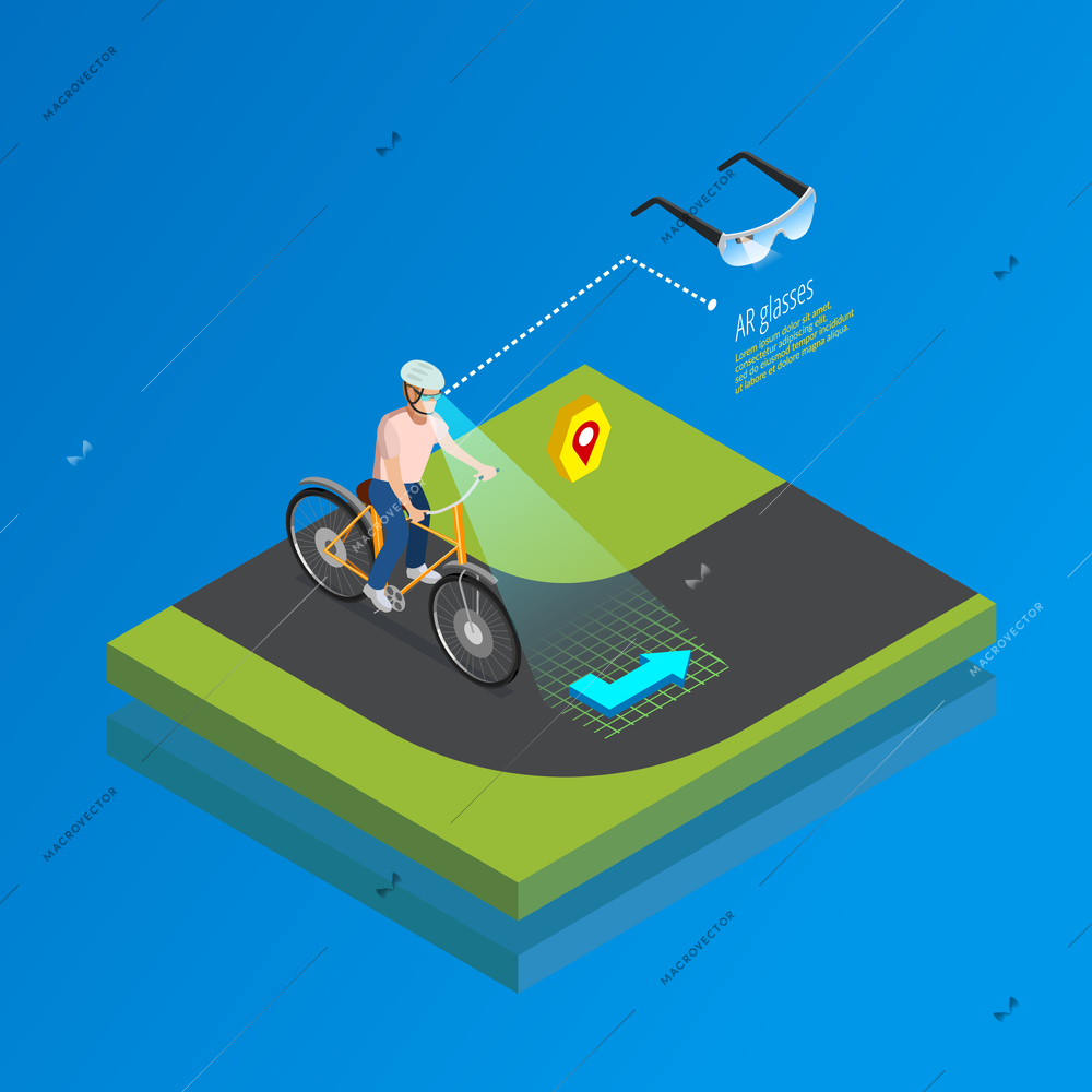 Augmented reality navigation system isometric poster with cyclist interacting with smart glasses computing landscape vision vector illustration