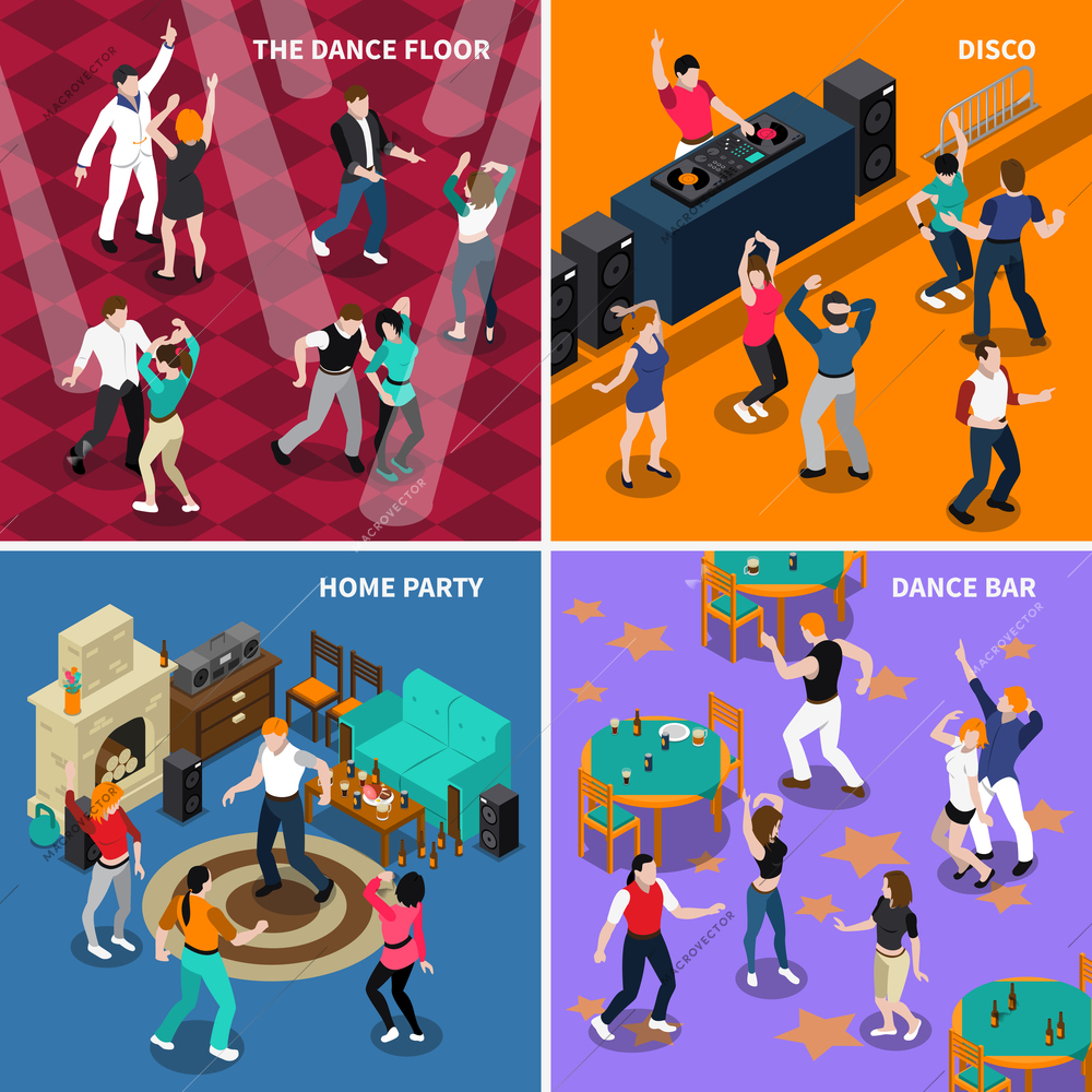 Dancing people movements 4 isometric icons composition with disco bar floor and home party isolated vector illustration