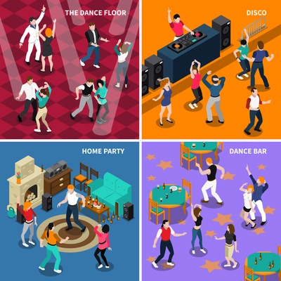 Dancing people movements 4 isometric icons composition with disco bar floor and home party isolated vector illustration