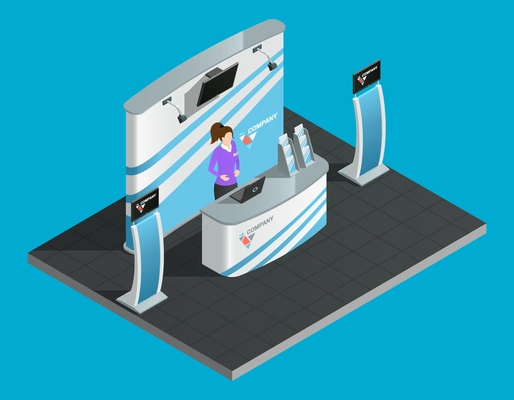 Exibition stand isometric with woman promoter vector illustration