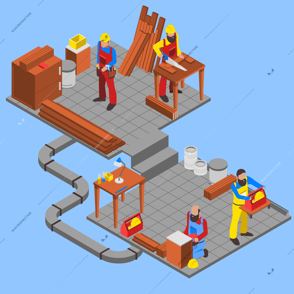 Woodwork people isometric composition with tools on blue background vector illustration