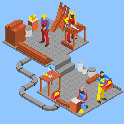 Woodwork people isometric composition with tools on blue background vector illustration