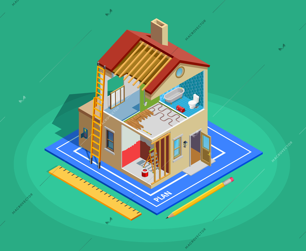 Home repair isometric template with building and different maintenance works on green background isolated vector illustration