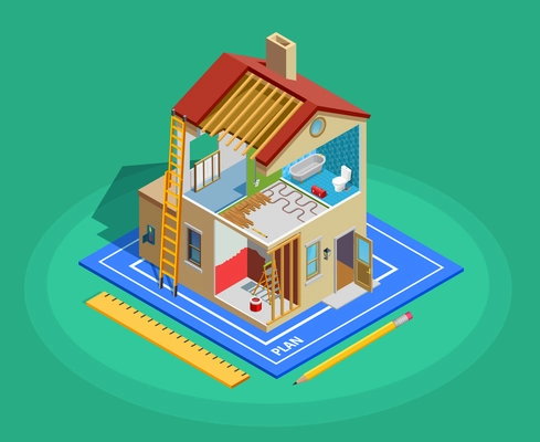 Home repair isometric template with building and different maintenance works on green background isolated vector illustration