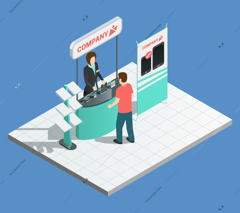Exhibition promotion composition with isometric stand and female promoter vector illustration