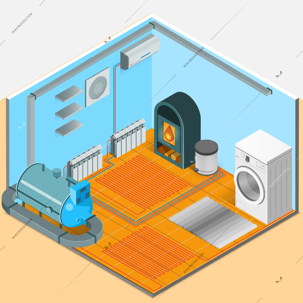 Heating cooling system interior isometric template of bathroom with colorful elements in flat style isolated vector illustration