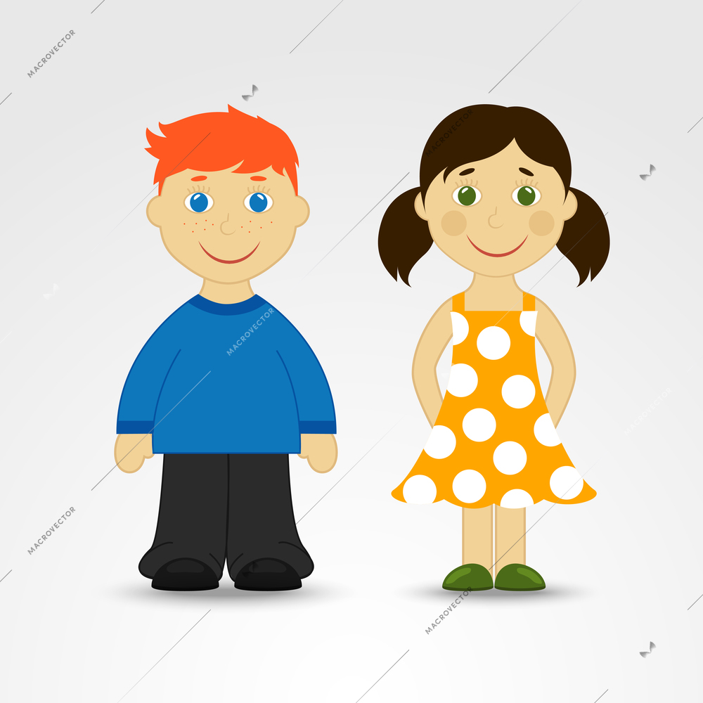 Cute cartoon boy and girl little smiling faces children isolated vector illustration