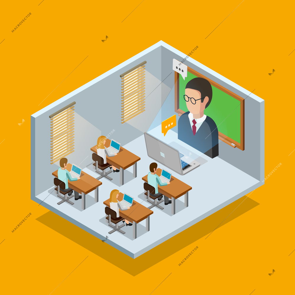 Online learning room concept with students and laptops on orange background isometric vector illustration