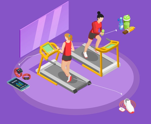 Healthy lifestyle isometric template with gym girls equipment and nutrition elements on pink background isolated vector illustration