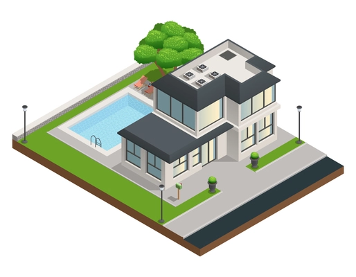 Isometric composition with modern suburban two storeyd private house and clean yard with swimming pool vector illustration