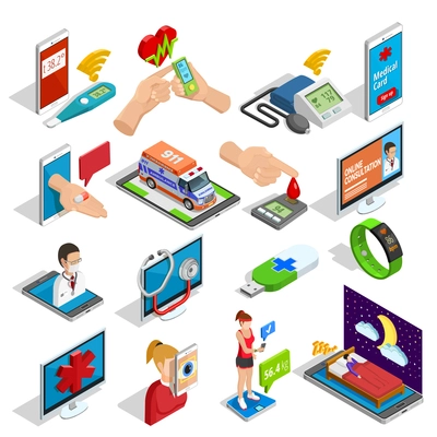 Digital medicine isometric icons set of devices gadgets procedures and tools of health control isolated vector illustration