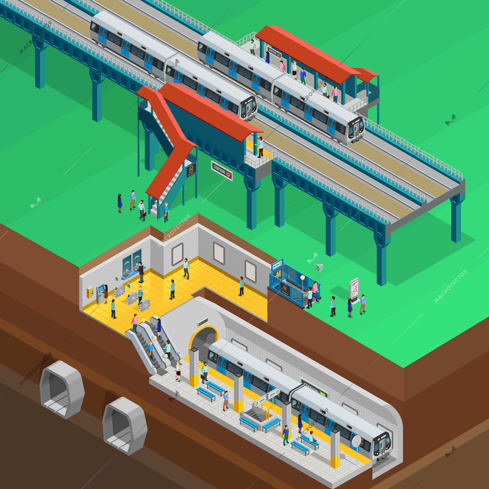 Underground composition with station platform people and tickets isometric vector illustration