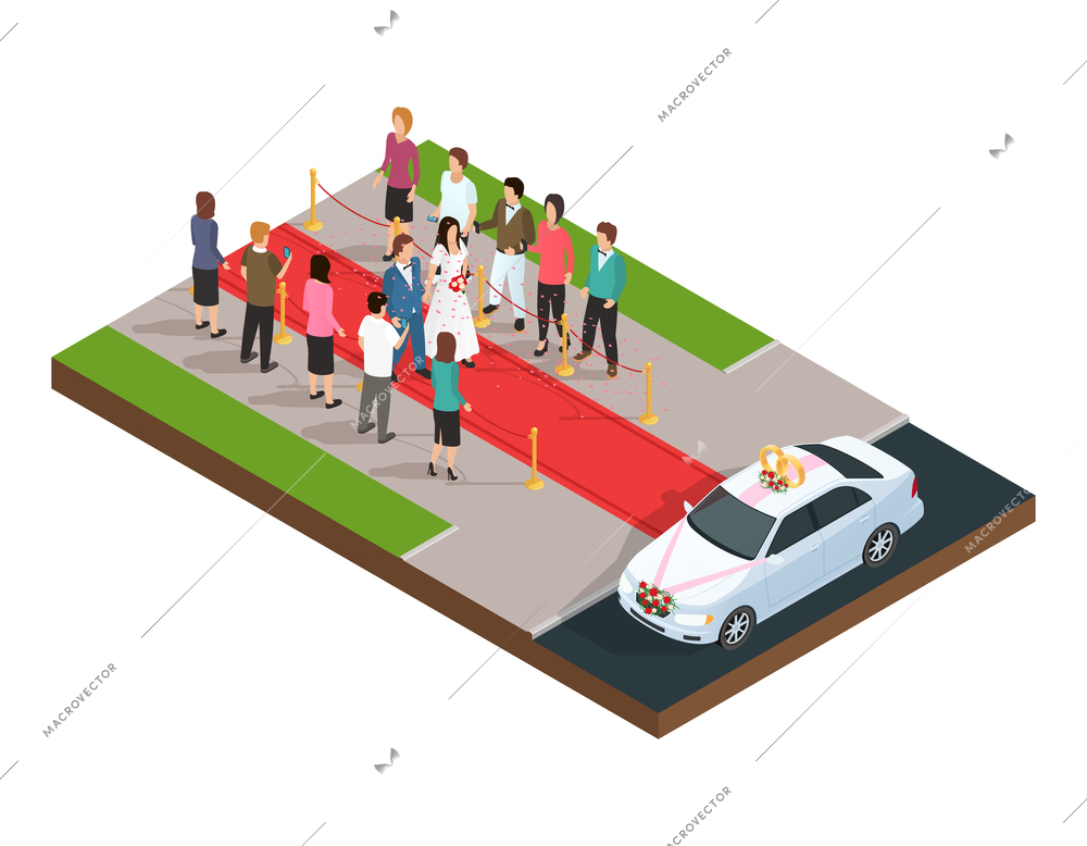 Wedding ceremony isometric composition with just married couple on the red carpet vector illustration